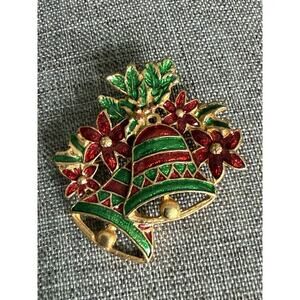 Vintage Enamel Double Christmas Bell Holly Brooch Red Green Statement Holiday